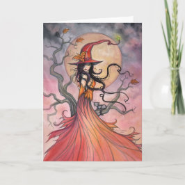 Herfstmagie Heks en Kat Halloween Kunst Kaart