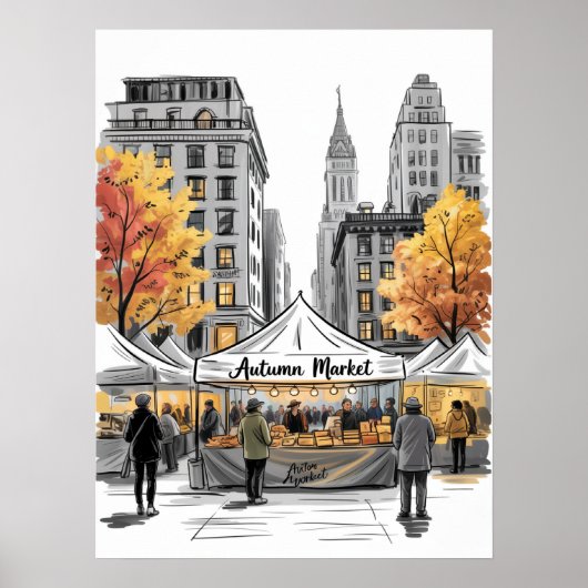 Herfstmarkt Straatscène in NYC met Herfstbomen Poster (Voorkant)