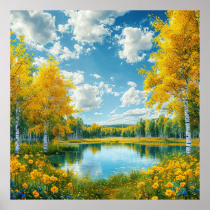 Herfstmeer met gouden boom rustige natuur uitzicht poster