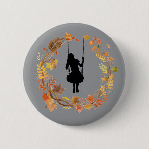 Herfstmeisje op schommel Grafisch _Herfstblad W Ronde Button 5,7 Cm