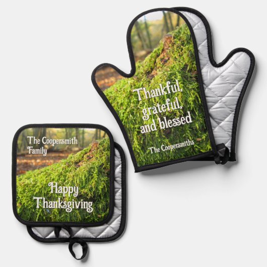 Herfstmos in gouden zonneschijn - gepersonaliseerd ovenwant & pannenlap set (Voorkant / Achterkant)