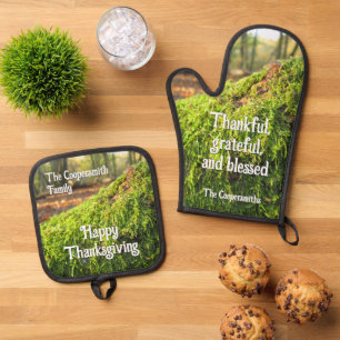 Herfstmos in gouden zonneschijn - gepersonaliseerd ovenwant & pannenlap set