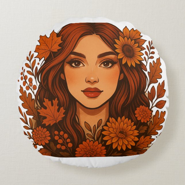 Herfstmuze – Vrouw met Herfst Rond Kussen (Voorkant)