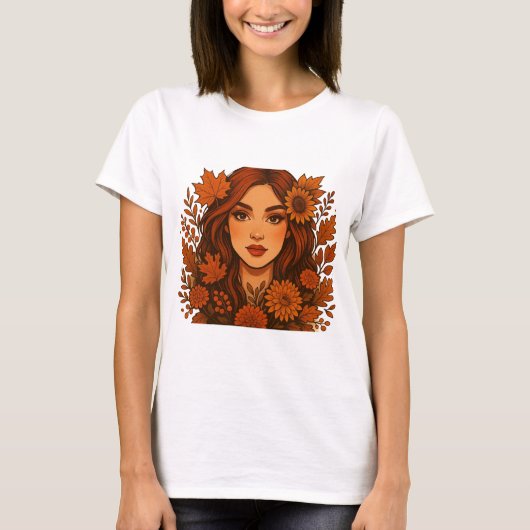 Herfstmuze – Vrouw met Herfst T-shirt (Voorkant)