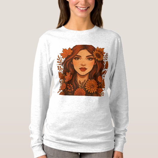 Herfstmuze – Vrouw met Herfst T-shirt (Voorkant)