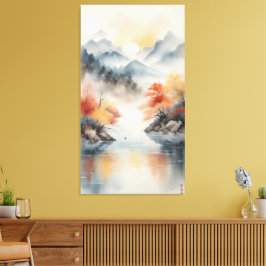 Herfstnevel over het bergmeer canvas afdruk
