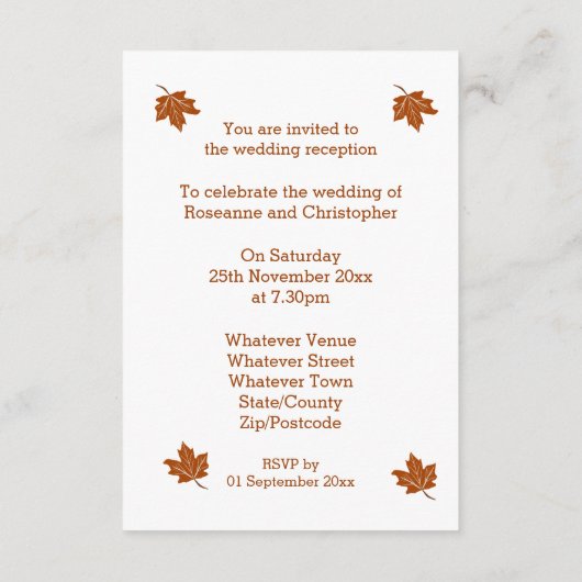 Herfstontwerp Huwelijksreceptie Informatiekaartje (Achterkant)