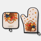 Herfstoogstmand met appels en bladeren ovenwant & pannenlap set (Voorkant)