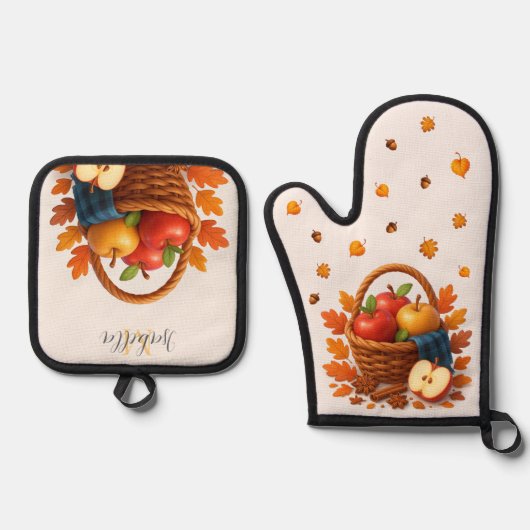 Herfstoogstmand met appels en bladeren ovenwant & pannenlap set (Voorkant)