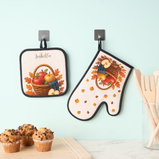 Herfstoogstmand met appels en bladeren ovenwant & pannenlap set (Insitu(Ophanging))