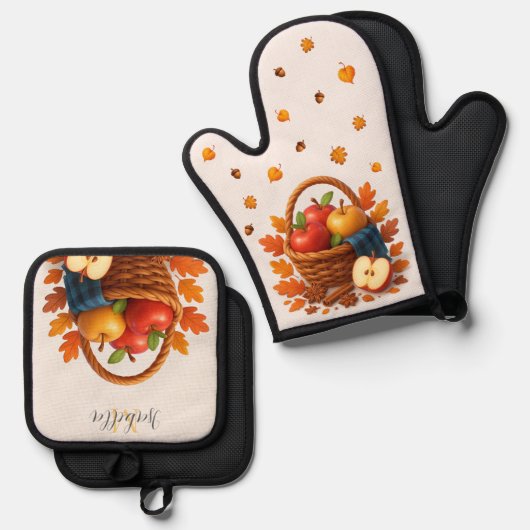 Herfstoogstmand met appels en bladeren ovenwant & pannenlap set (Voorkant / Achterkant)