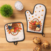 Herfstoogstmand met appels en bladeren ovenwant & pannenlap set (Top down)