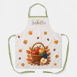 Herfstoogstmand met appels en bladeren schort