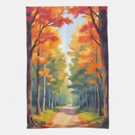 Herfstpad herfstloof aquarel landschap theedoek