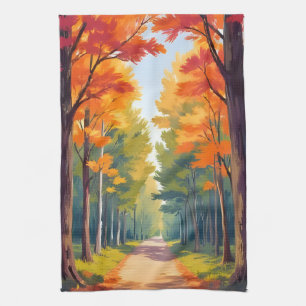 Herfstpad herfstloof aquarel landschap theedoek