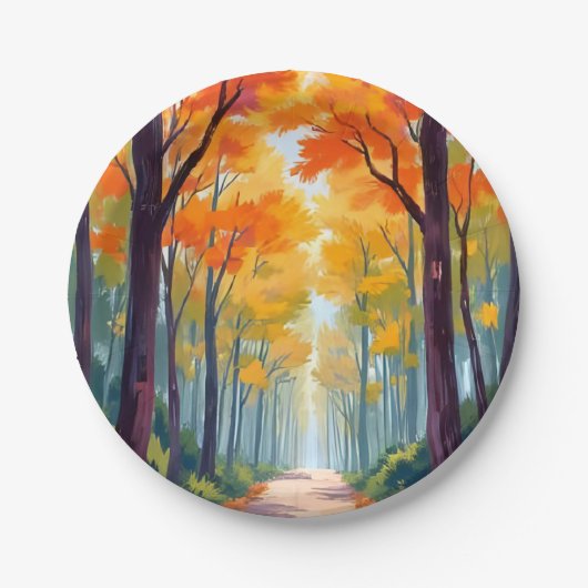 Herfstpad herfstloofschildering papieren bordje (Voorkant)