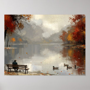 Herfstparkbankje bij vijver Schilderij Poster