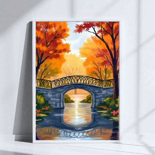 Herfstparkbrug   Waterverf van herfstloof Poster