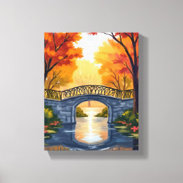 Herfstparkbrug | Waterverfschilderij van herfstloo Canvas Afdruk