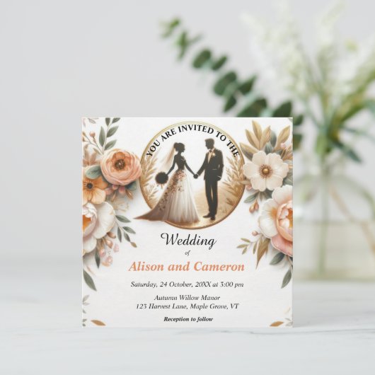 Herfstperzik bloemenbruiloft kaart (Staand voorkant)