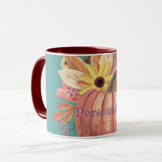 Herfstpompoen bloementerracotta sinaasappel en bla mok (Voorkant links)