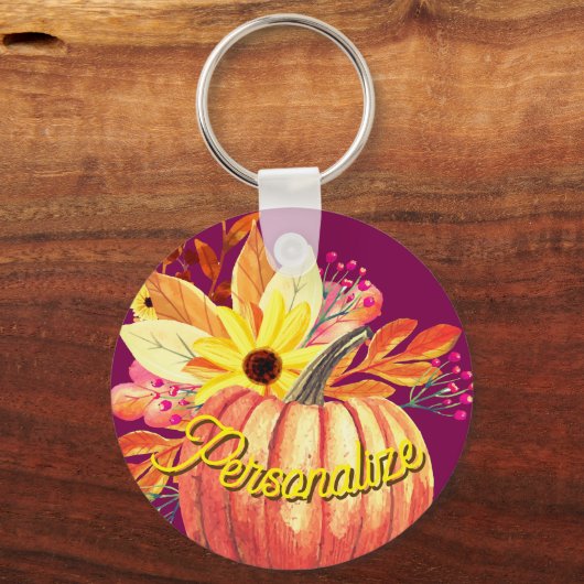 Herfstpompoen bloemenwijn oranje paarse wijn sleutelhanger (Voorkant)