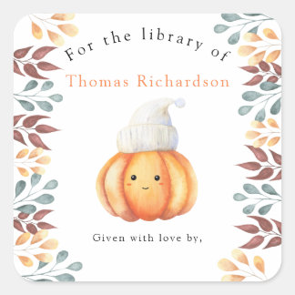 Herfstpompoen in hoed - voor de bibliotheek van vierkante sticker