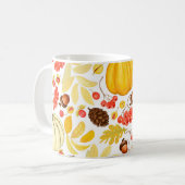Herfstpompoenen, eikels,  achtergrond. koffiemok (Voorkant links)