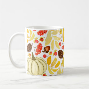Herfstpompoenen, eikels, achtergrond. koffiemok