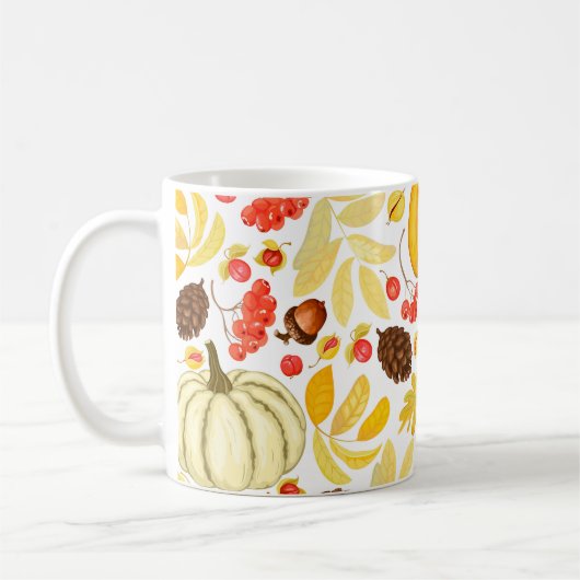 Herfstpompoenen, eikels,  achtergrond. koffiemok (Links)