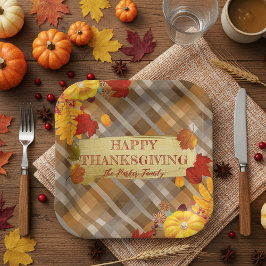 Herfstpompoenen en blad op geruite Thanksgiving Papieren Bordje