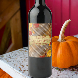 Herfstpompoenen en blad op geruite Thanksgiving Wijn Etiket