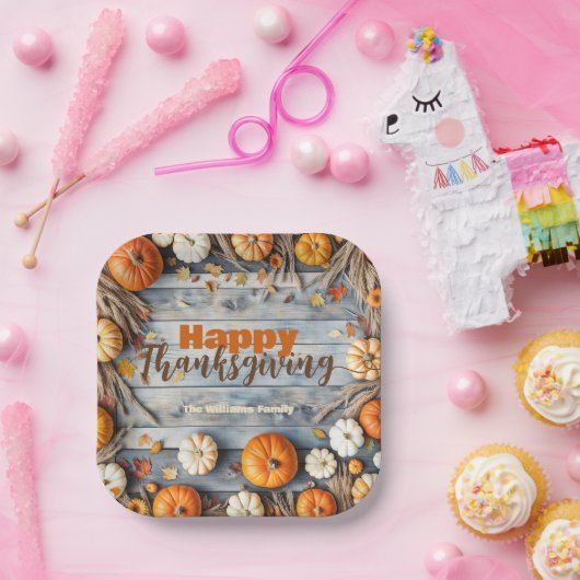 Herfstpompoenen en bladeren op houten Thanksgiving Papieren Bordje (Feest)