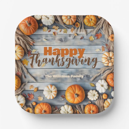 Herfstpompoenen en bladeren op houten Thanksgiving Papieren Bordje (Voorkant)