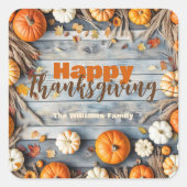 Herfstpompoenen en bladeren op houten Thanksgiving Vierkante Sticker (Voorkant)