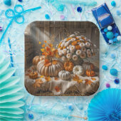 Herfstpompoenen en moeders in een schuur papieren bordje (Feest)