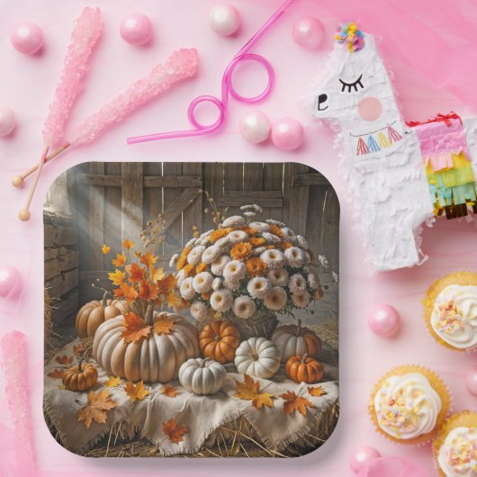 Herfstpompoenen en moeders in een schuur papieren bordje (Feest)
