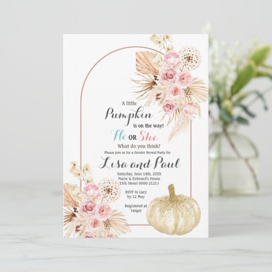 Herfstpompoenen Hij of zij Genderonthulling Uitnod Kaart (Staand voorkant)