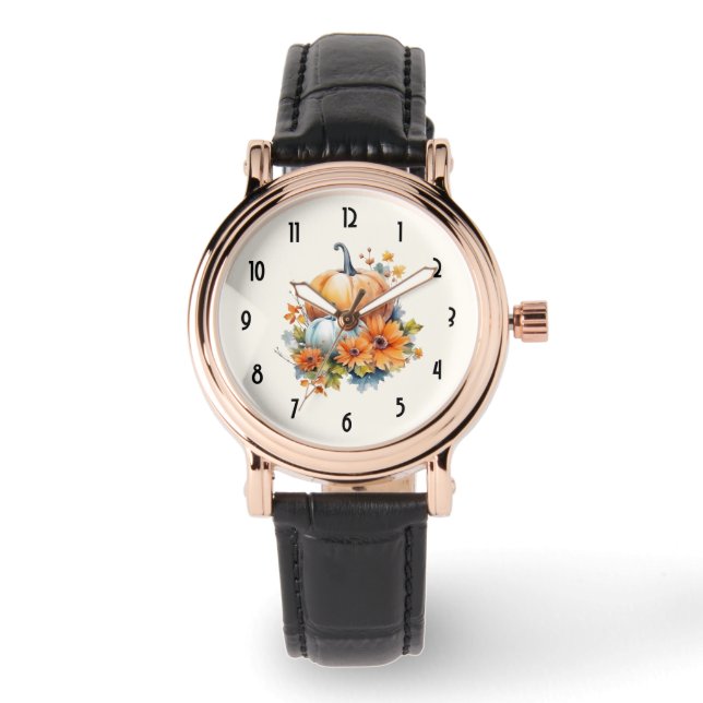 Herfstpompoenen met bloemen en bladeren horloge (Voorkant)