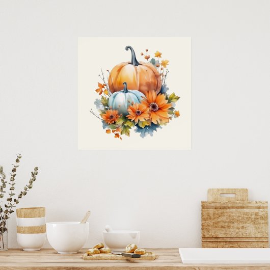 Herfstpompoenen met bloemen en bladeren poster (Keuken)