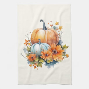 Herfstpompoenen met bloemen en bladeren theedoek