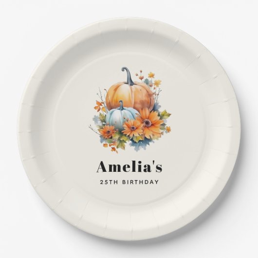 Herfstpompoenen met bloemen en bladeren Verjaardag Papieren Bordje (Voorkant)