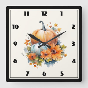 Herfstpompoenen met bloemen en bladeren vierkante klok