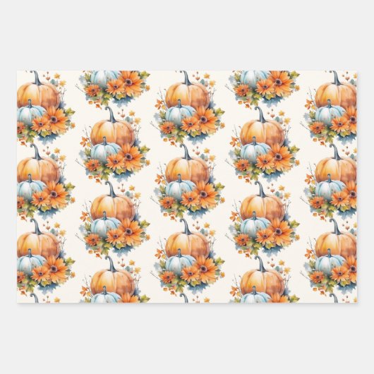 Herfstpompoenen met bloemen en bladpatroon inpakpapier vel (Voorkant 3)