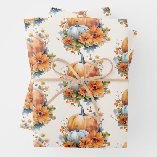Herfstpompoenen met bloemen en bladpatroon inpakpapier vel (In situ)