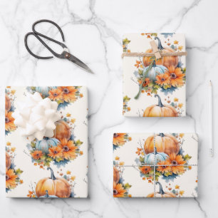 Herfstpompoenen met bloemen en bladpatroon inpakpapier vel