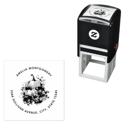 Herfstpompoenen met bloemen en gebladerte adres  zelfinktende stempel (In situ)