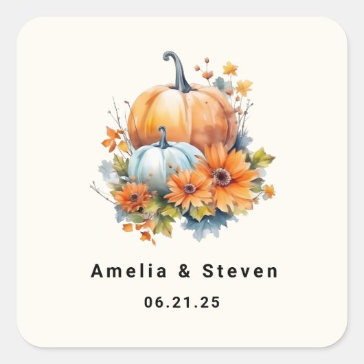 Herfstpompoenen met bloemen en gebladerte - Weddin Vierkante Sticker (Voorkant)