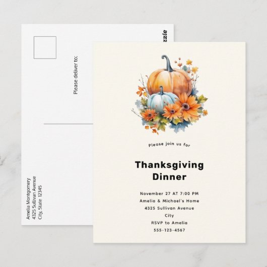Herfstpompoenen met bloemen Thanksgiving Diner Briefkaart (Voorkant / Achterkant)