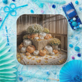 Herfstpompoenen op een hooibal papieren bordje (Feest)